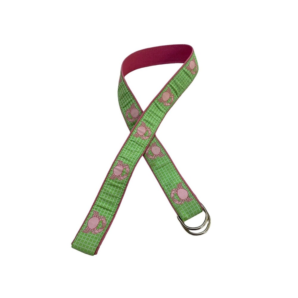 Douglas Paquette Crab D Ring Belt M Green Pink Preppy Coastal Nautical